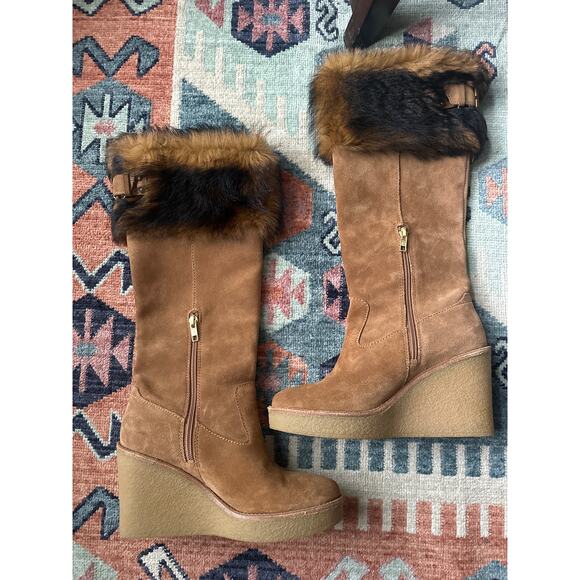 UGG Valberg Tall Wedge Boots Chestnut Suede Toscana Sheepskin Fur 7.5 - Picture 3 of 8